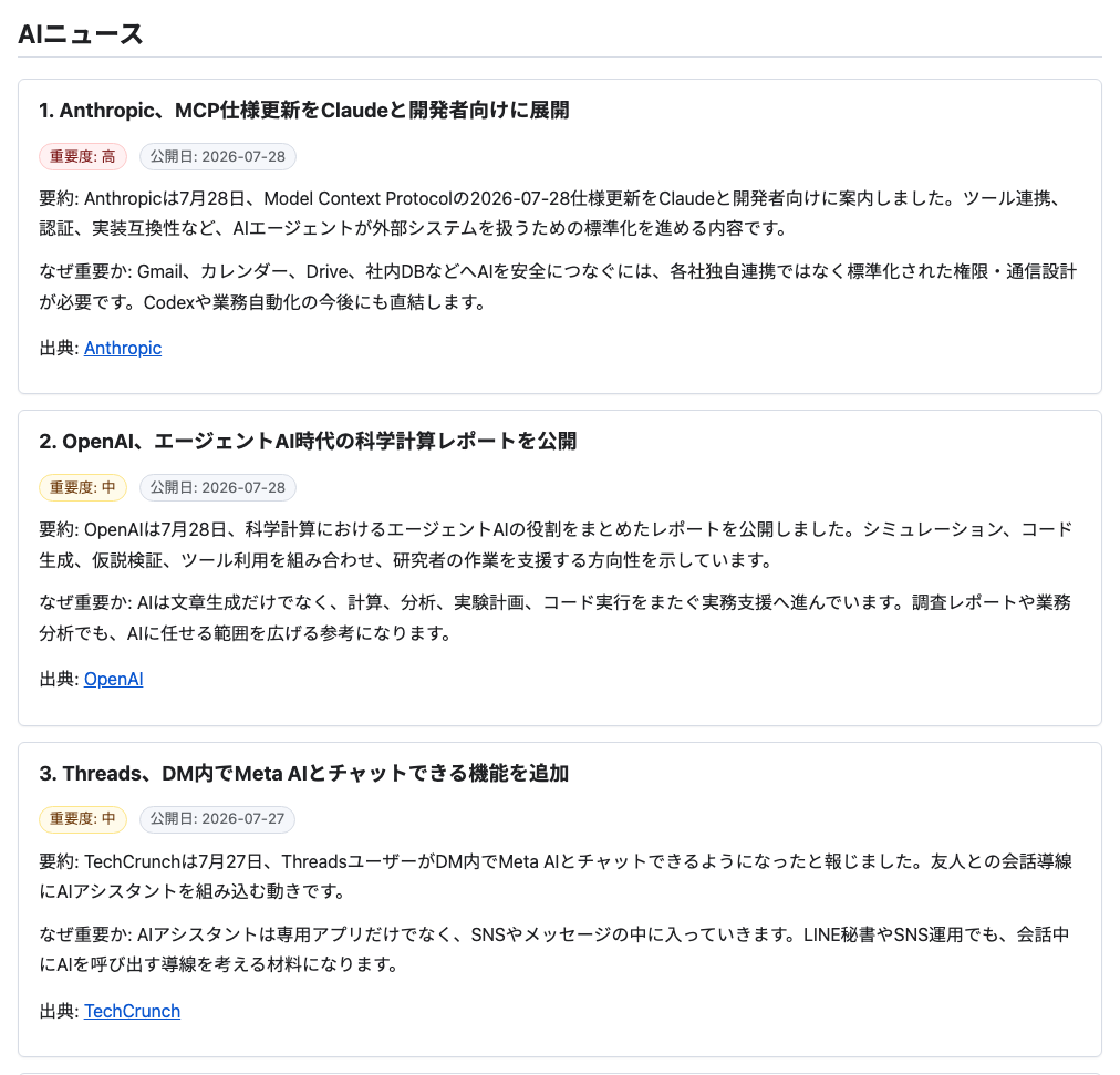 毎朝のニュース収集と配信を自動化したニュースレポート画面